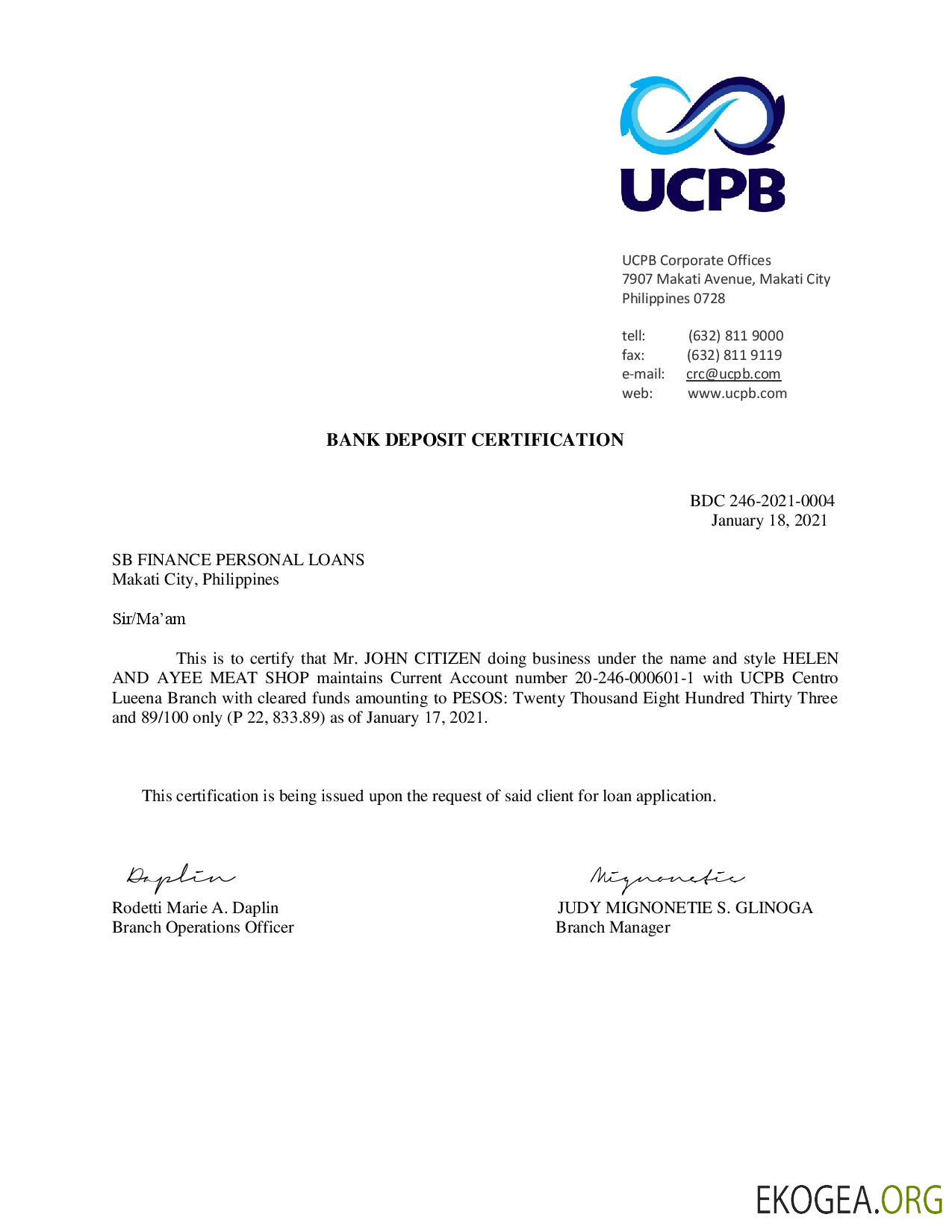 Philippines , UCPB lettre de certification de dépôt bancaire